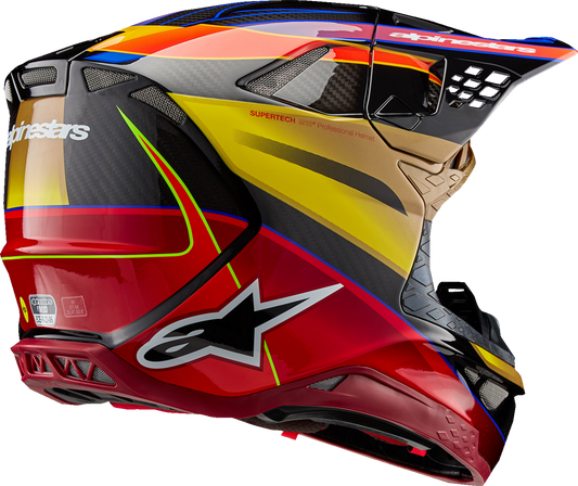 Alpinestars Supertech M10 helmet in gloss gold, yellow, and Rio red with MIPS® technology, size 2XL, shown from front view.