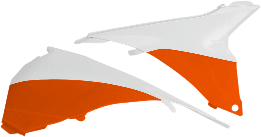 Acerbis Airbox Cover in white and orange, motorcycle body part with branding, designed for off-road or dirt bike use.