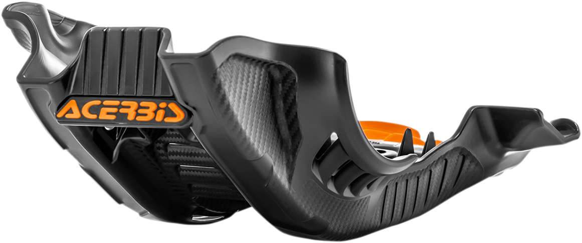 Black Acerbis skid plate for Husqvarna and KTM bikes, with orange accents, protects the motorcycle body during off-road riding.