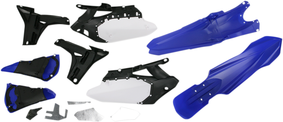 A blue, black, and white Acerbis standard body kit for Yamaha YZ450F 2010-2013 motorcycle, featuring the OE design.
