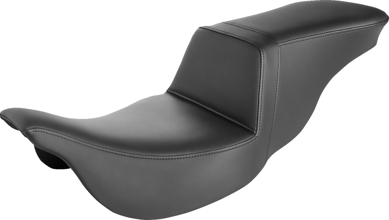 Black SADDLEMEN Step-Up Seat for FLH motorcycles, smooth seat design by Bill's Exhausts, shown on a motorcycle.