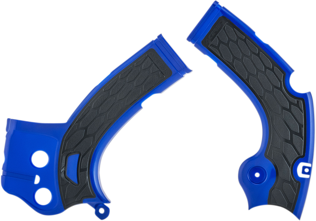 A close-up of ACERBIS X-Grip frame guards in blue and black mounted on a motorcycle frame.