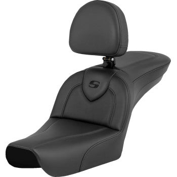 Black SADDLEMEN RoadSofa motorcycle seat with driver backrest for FXDWG '04-'05, designed for comfort and style.