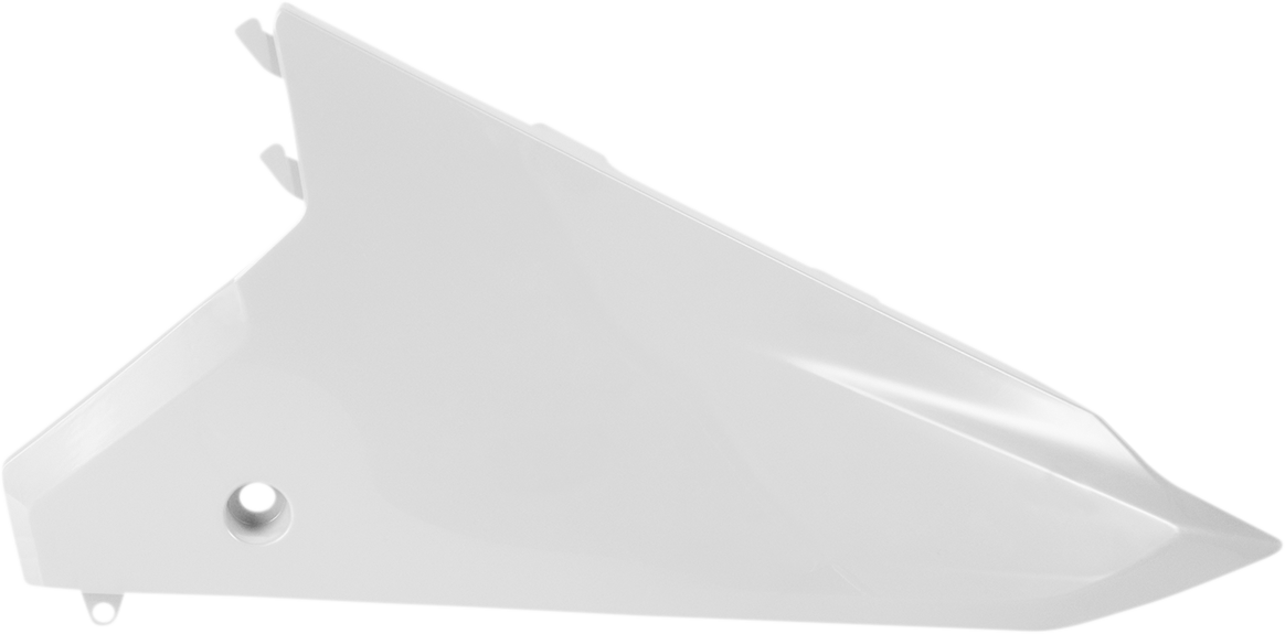 A pair of white Acerbis side panels for motorcycle body customization, designed for compatibility with specific models.