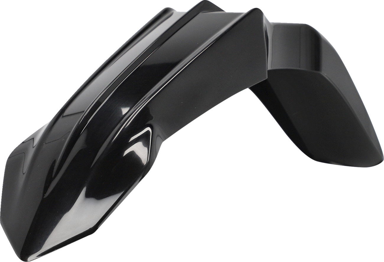 Black Acerbis front fender for motorcycle, lightweight body part with mounting points, designed for durability and style.
