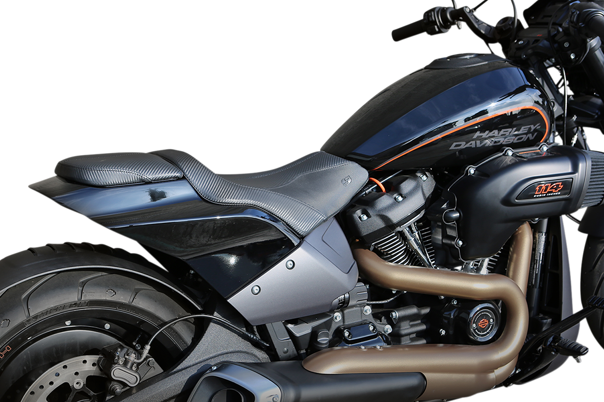 Bill's Exhausts SADDLEMEN GP-V1 Pillion Seat for FXDR featuring sleek black leather with detailed stitching and ergonomic design.