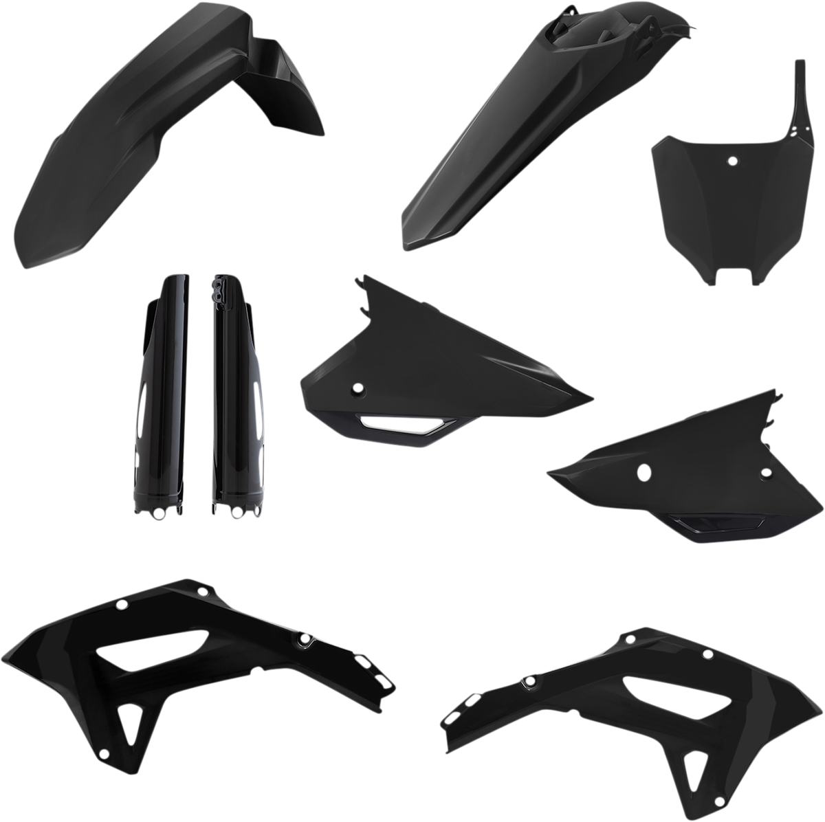 A black Acerbis full replacement body kit for motorcycles, featuring sleek body panels and parts designed for Bill's Exhausts.