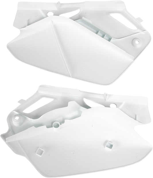 White Acerbis side panels for motorcycle body, featuring the 2043280002 model, designed for a sleek fit and fresh appearance.