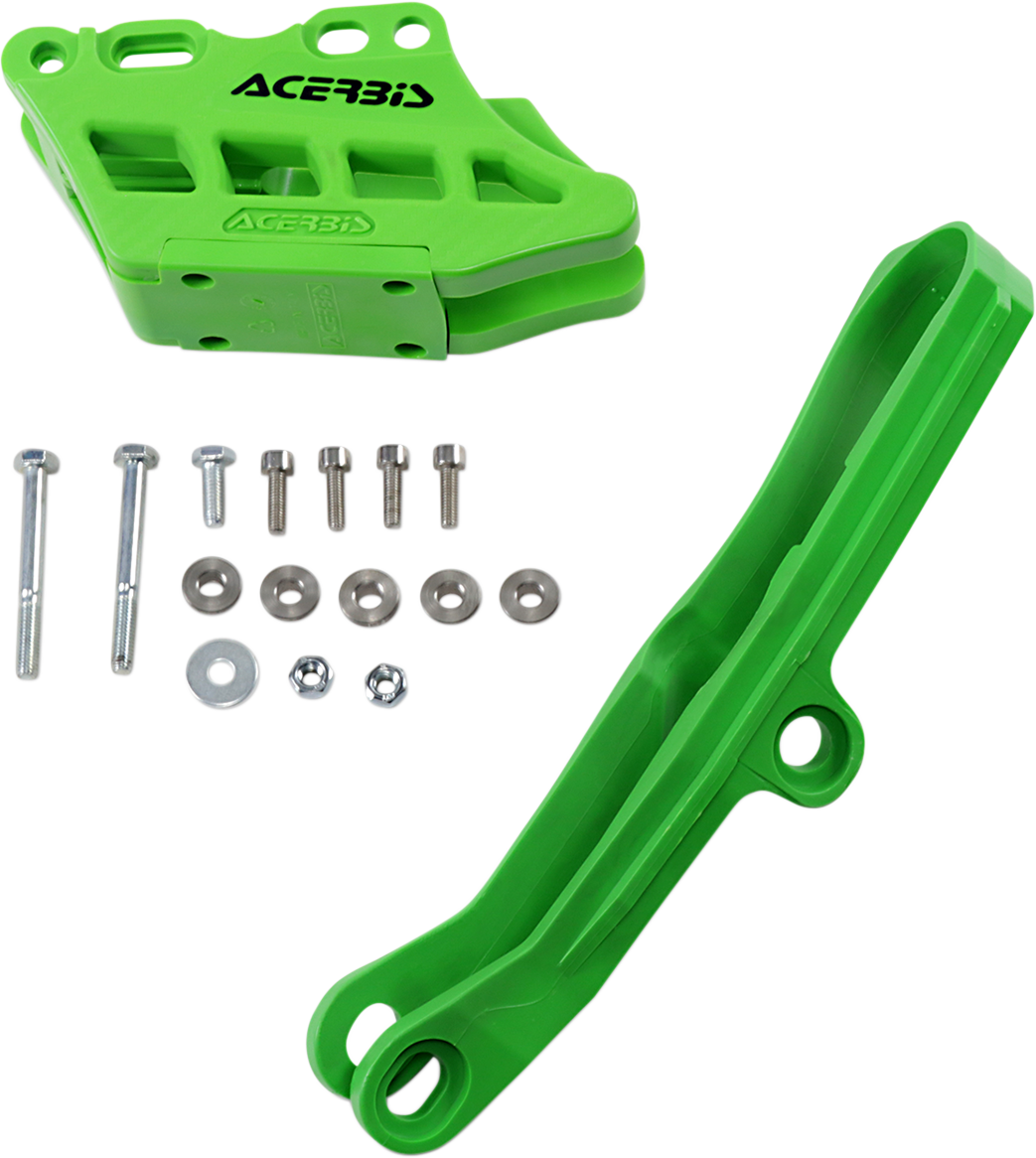 Acerbis Chain Guide 2.0 and Slider Kit in green mounted on a Kawasaki motorcycle, showcasing the durable chain protection components.