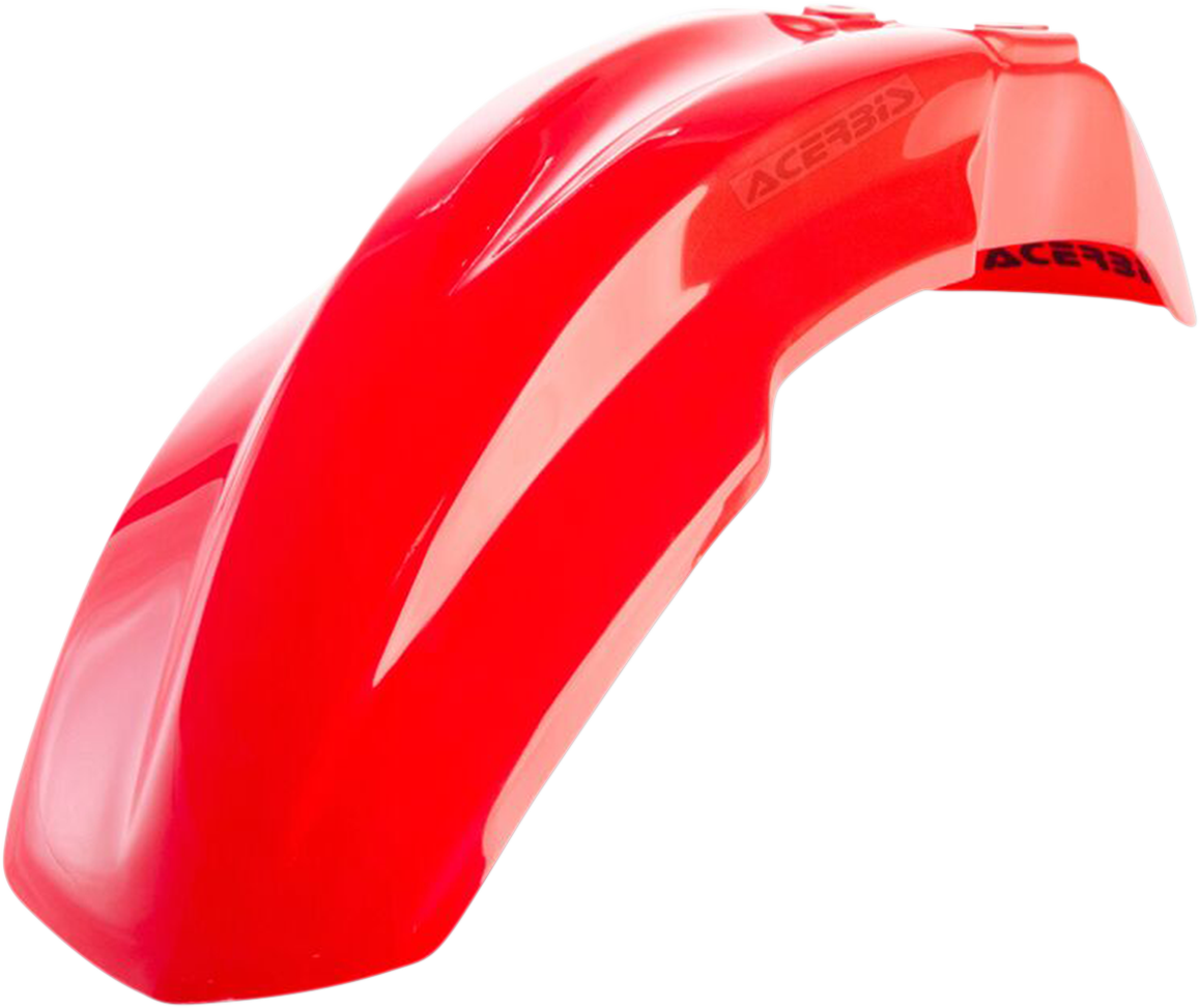 Red Acerbis front fender for motorcycle, body part with mounting details, designed for off-road or dirt bikes.