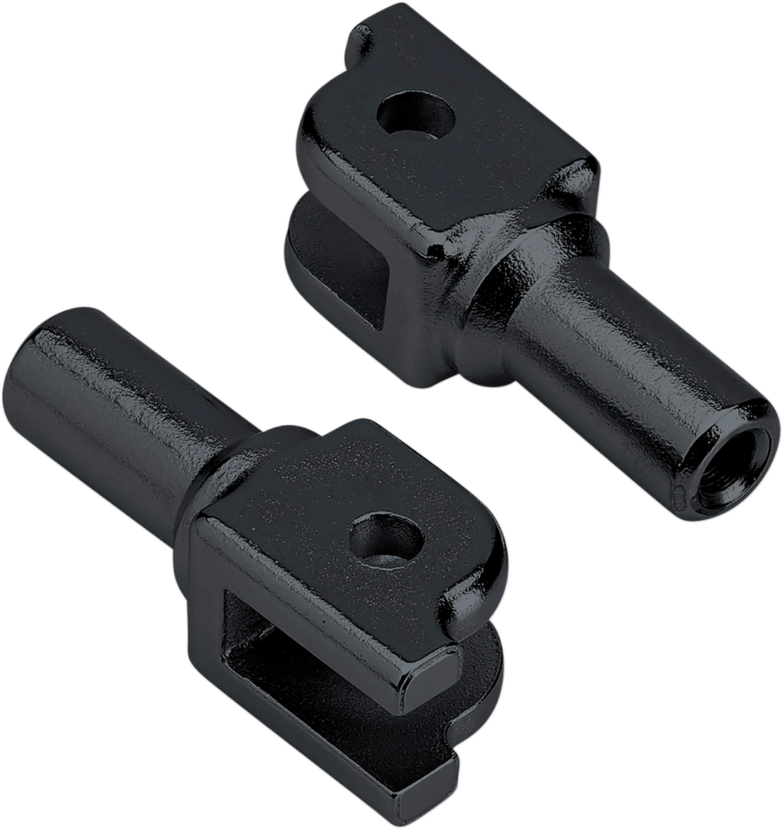 Black Biltwell footpeg mount for Softail motorcycles, shown attached to the bike's body with mounting hardware visible.