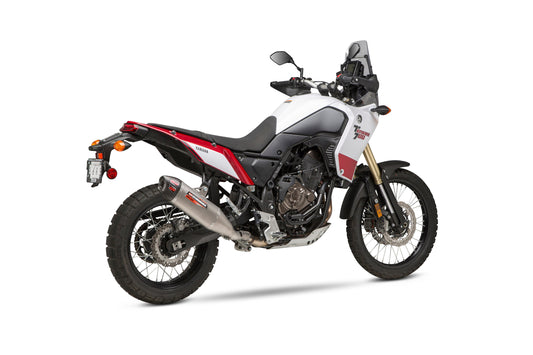 YOSHIMURA RS-12 slip-on exhaust for Yamaha motorcycle, metallic finish, showcasing sleek design and brand logo.