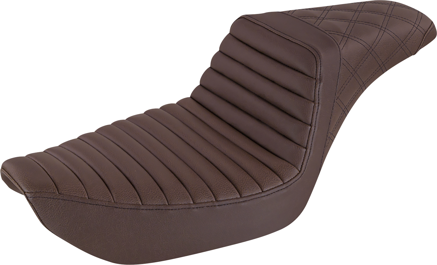 Bill's Exhausts SADDLEMEN front step-up seat with tuck-n-roll and lattice stitch in brown for Dyna motorcycles.