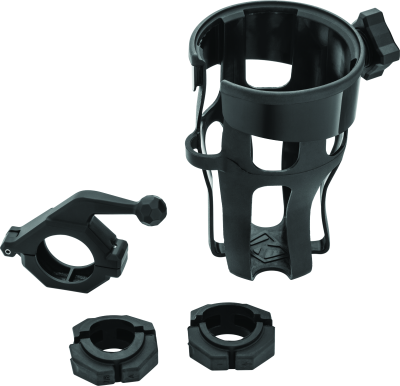 Kuryakyn Reflex Drink Holder with bar mount for motorcycles and powersports vehicles, black, showing the universal mount and drink holder.