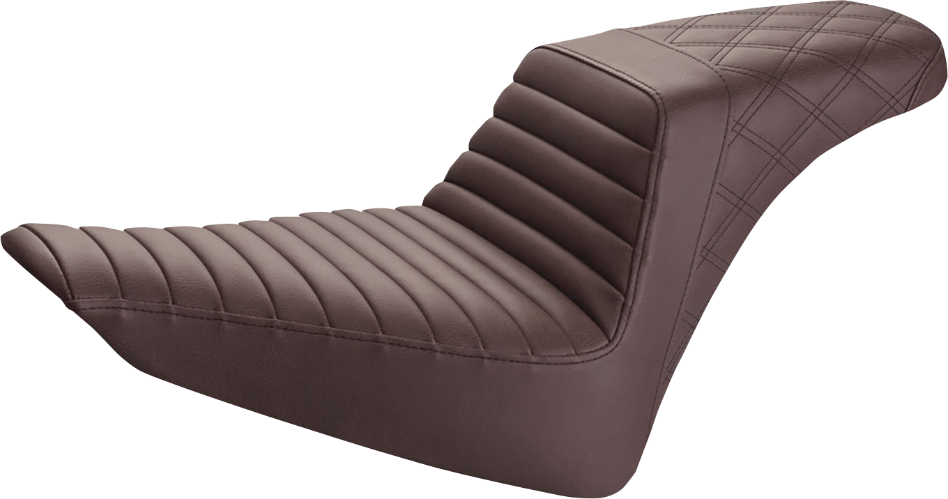 Brown SADDLEMEN Step-Up Seat for motorcycles with front tuck-n-roll and rear lattice stitch, designed for comfort and style.
