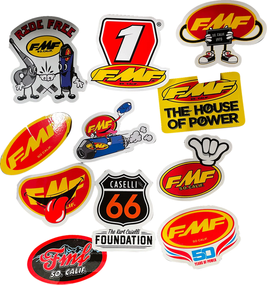 FMF decal sticker pack featuring "Go Fast Have Fun" design, suitable for motorcycles and gear, with vibrant colorful graphics.