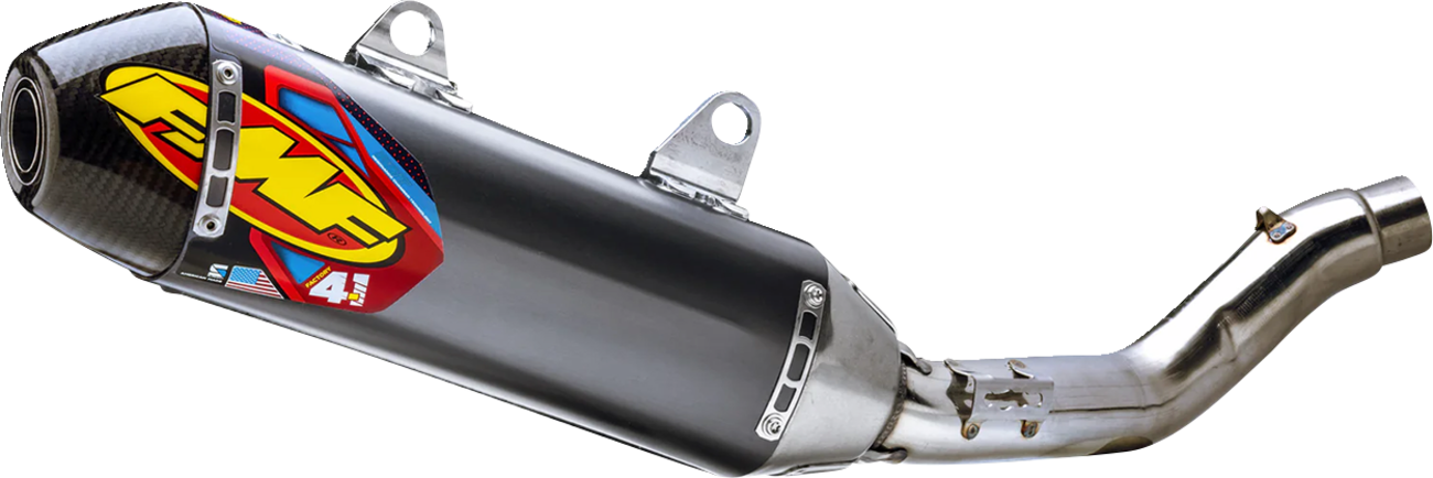 FMF Factory 4.1 RCT slip-on muffler with carbon fiber cap on stainless steel body, designed for motorcycle exhaust systems.
