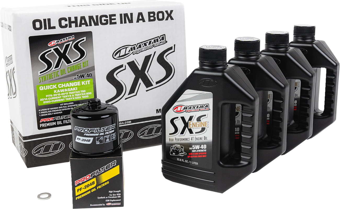 MAXIMA Racing Oil SXS synthetic oil change kit for Kawasaki Teryx, includes 5W40 oil and parts for engine maintenance