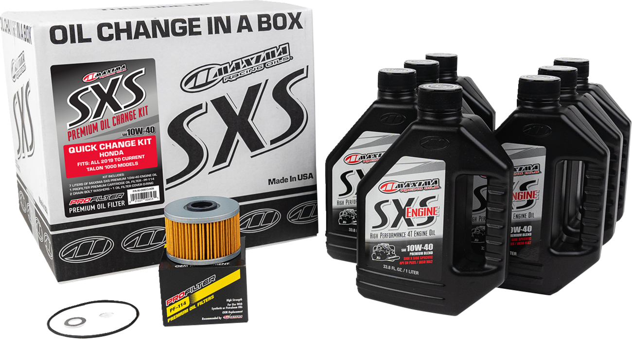 MAXIMA RACING OIL SXS synthetic oil change kit for Honda Talon, featuring 10W40 motor oil and parts for easy installation.