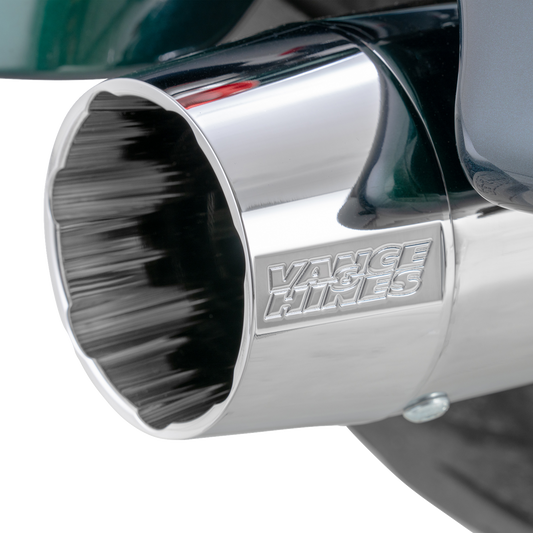 VANCE & HINES Blackbird 450 slip-on mufflers for Milwaukee Eight engines, black finish, shown on motorcycle exhaust system.