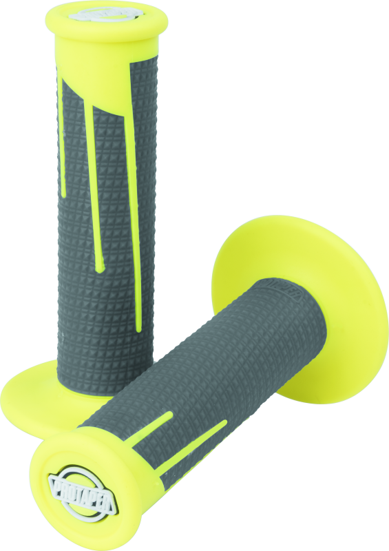 ProTaper full diamond clamp-on grips in neon yellow and dark gray for motorcycles, featuring textured diamond pattern for grip.