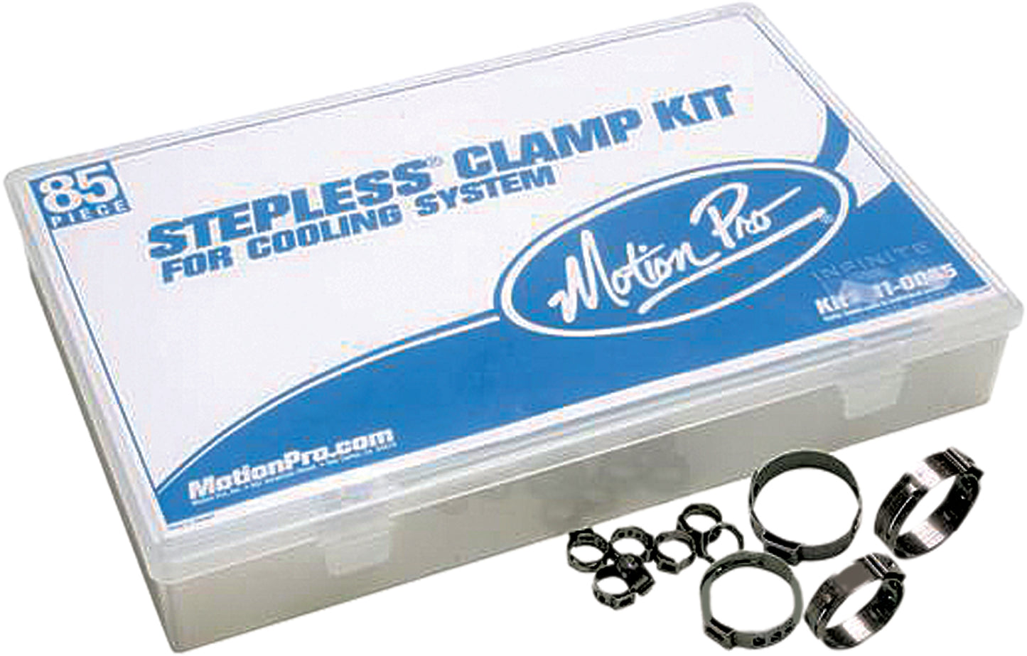 Motion Pro Cooling System Stepless Clamp Kit with 85 pieces, featuring various clamps and tools for motorcycle cooling system maintenance.