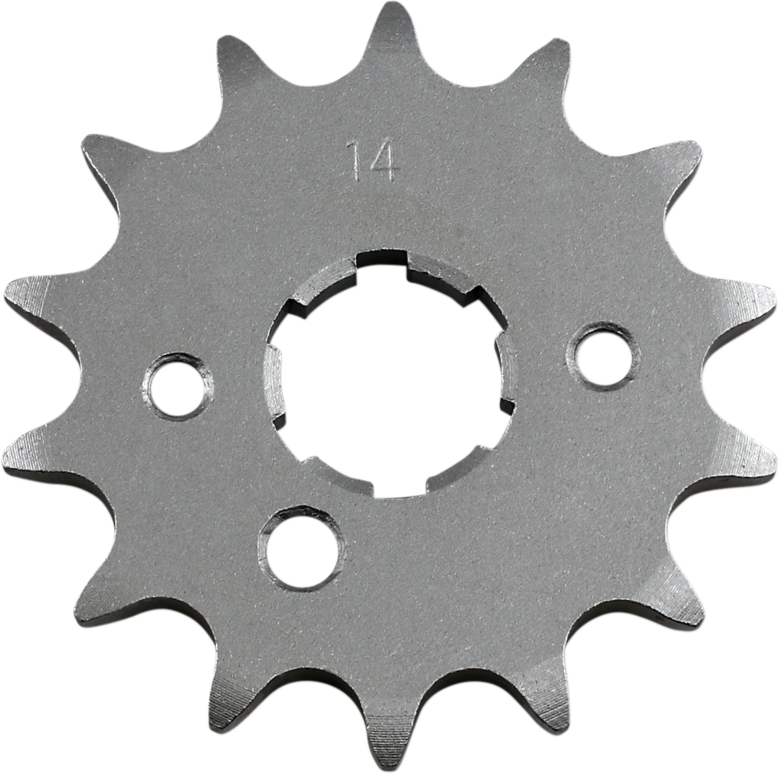 Parts Unlimited 14-tooth countershaft sprocket for Kawasaki and Yamaha motorcycles, shown in close-up image.
