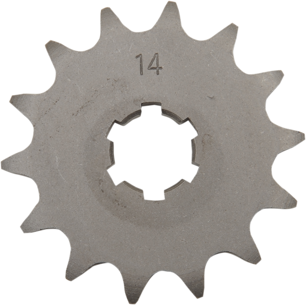 Parts Unlimited 14-tooth countershaft sprocket for Kawasaki, Suzuki, Yamaha motorcycles, durable steel motorcycle sprocket.