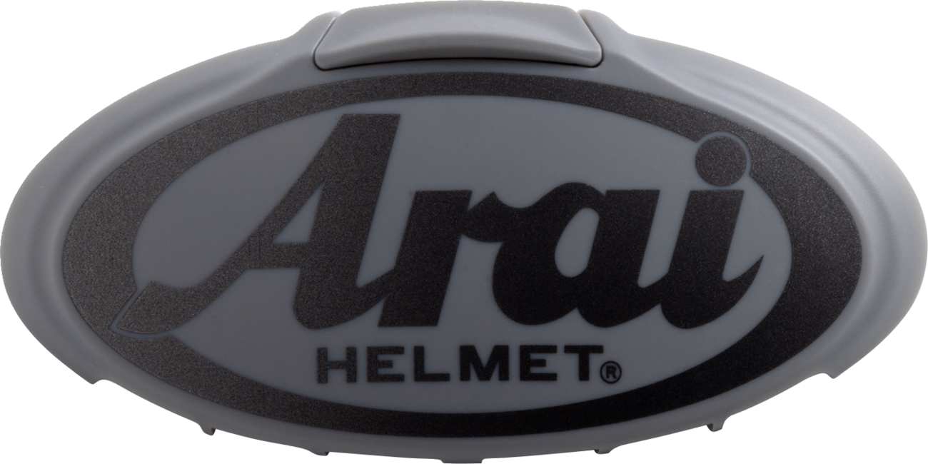 Arai Helmets 3D Arai Logo Duct in metal silver and gray, showing the detailed metallic logo on a helmet ventilation part.