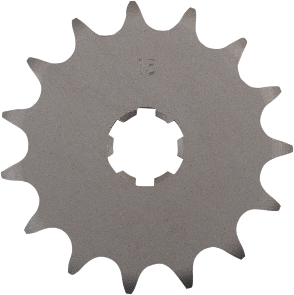 PARTS UNLIMITED 15-tooth countershaft sprocket for Suzuki motorcycle, showing the sprocket's teeth and metal construction.