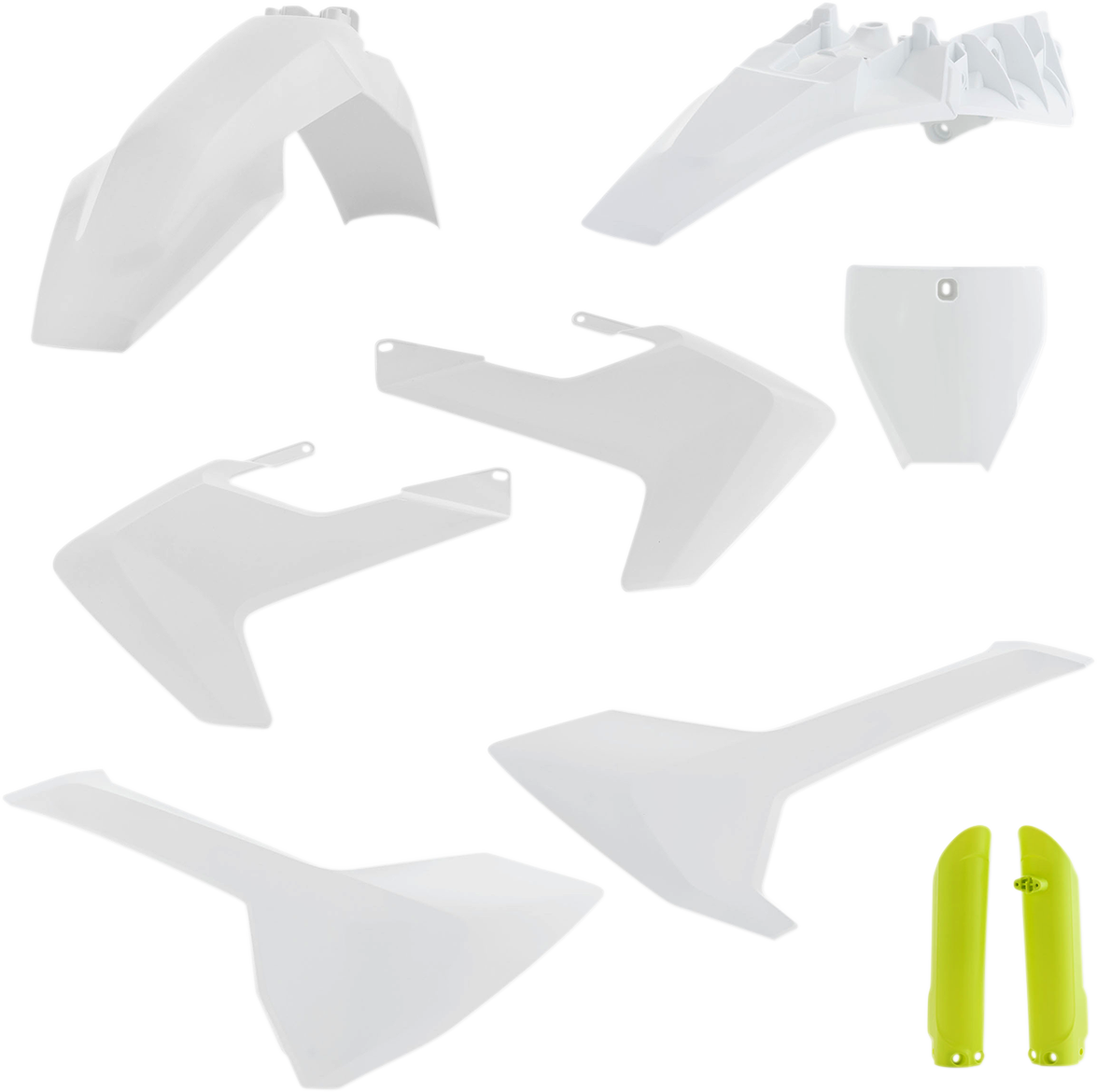 A white and yellow Acerbis full replacement body kit for motorcycle, OEM '18 model, showcasing the aerodynamic design and branding.