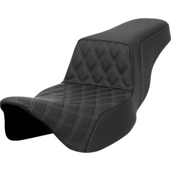 Gray SADDLEMEN Step-Up Seat with front lattice stitch and extended reach for FLH/FLT models 2008-2023, by Bill's Exhausts.