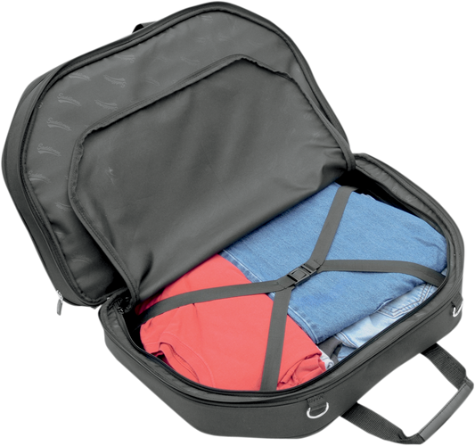 Bill's Exhausts Saddlemens Tour-Pak luggage bag attached to motorcycle seat for secure storage, black weather-resistant material.