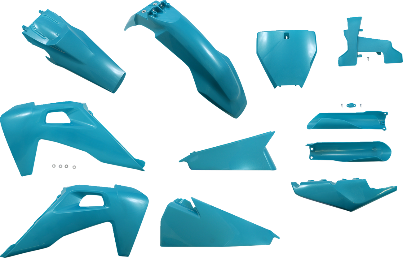 A teal and metallic Acerbis full replacement body kit for motorcycles, featuring sleek, custom-fit body panels.