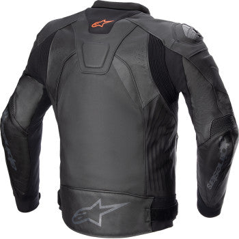 Alpinestars GP Plus R v4 leather motorcycle jacket in black, displayed on a mannequin, US 48 / EU 58 size.