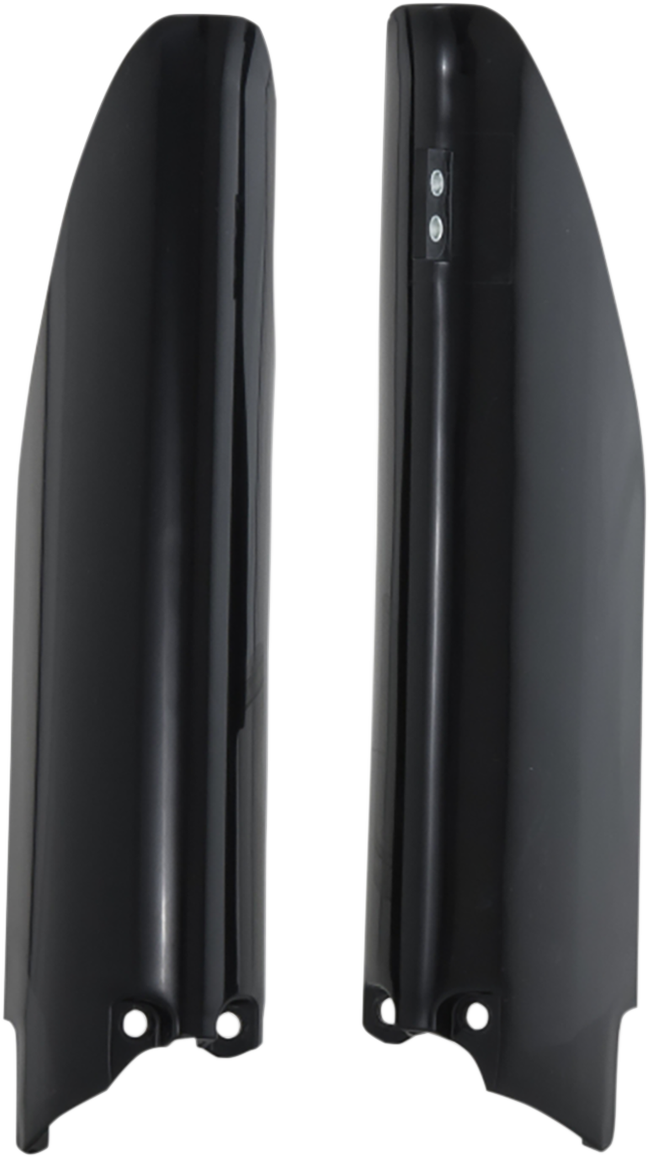 Black Acerbis lower fork covers on motorcycle front forks, designed for protection and style.