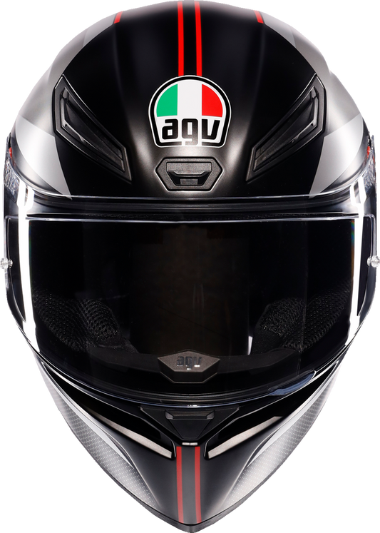 AGV K1 S matte black, gray, and red motorcycle helmet in XL size, showing the sleek aerodynamic design and ventilation features.