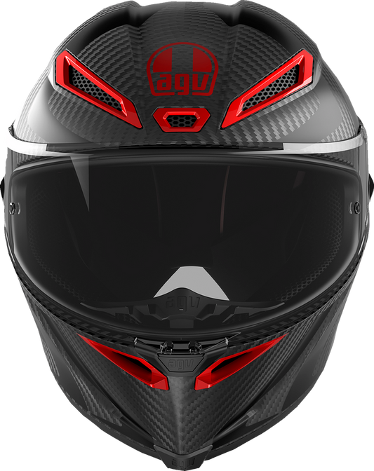 AGV Pista GP RR Intrepido matte carbon, black, and red motorcycle helmet, medium size, with sleek aerodynamic design.