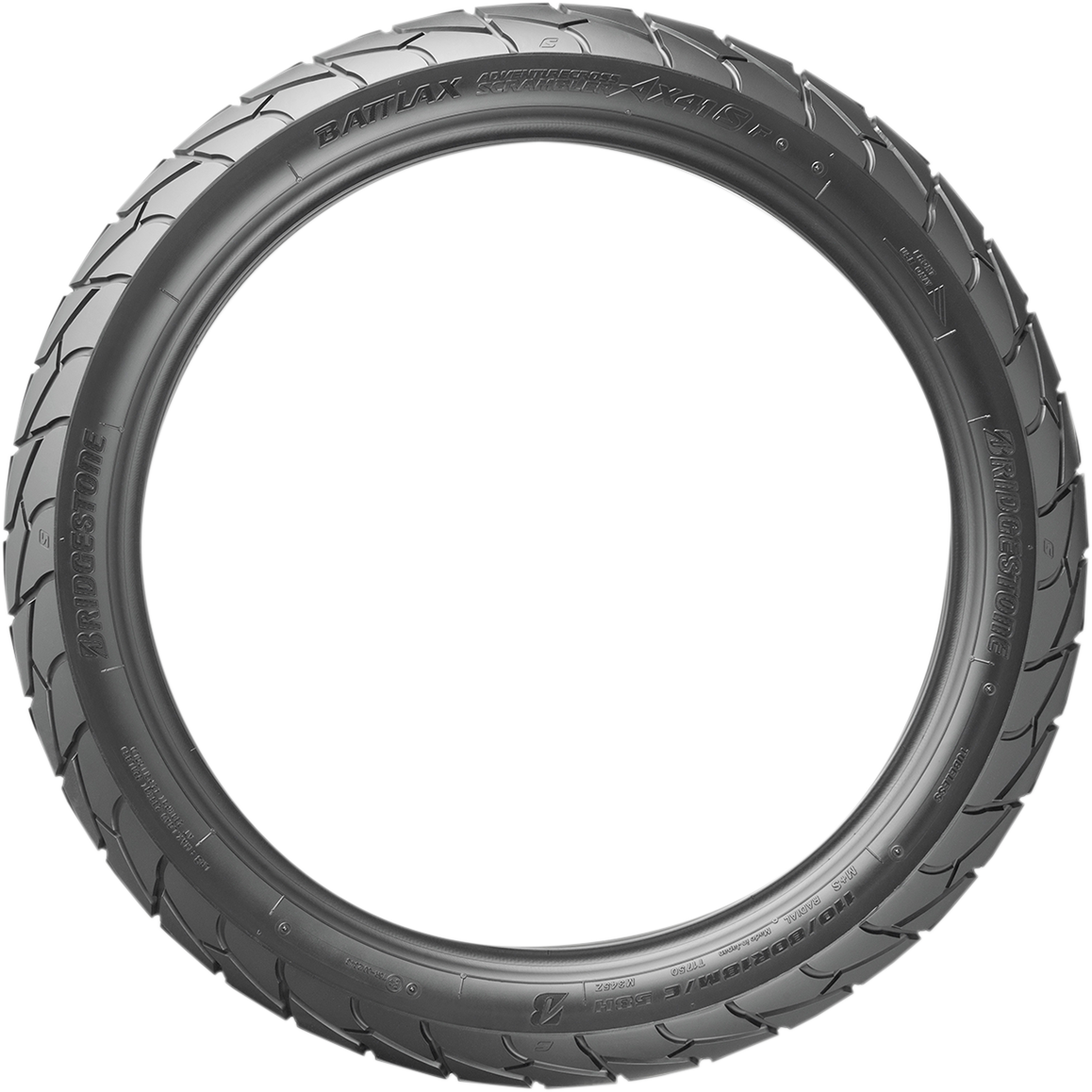 BRIDGESTONE Battlax Adventurecross AX41S front motorcycle tire 130/80-18 for adventure and touring bikes, with tread pattern visible.