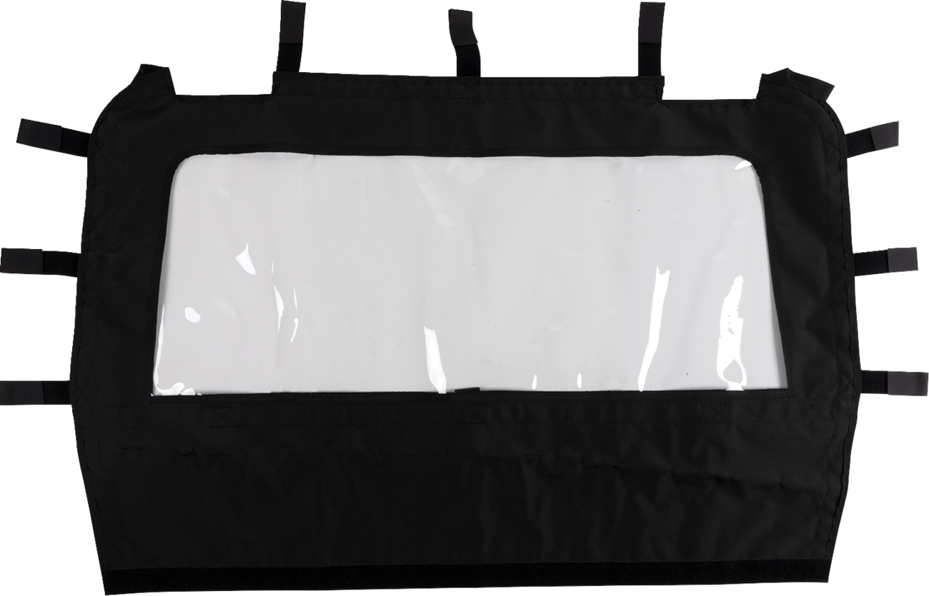Moose Offroad rear windscreen for Polaris RZR 4 XP side view showing clear wind deflector with mounting frame.