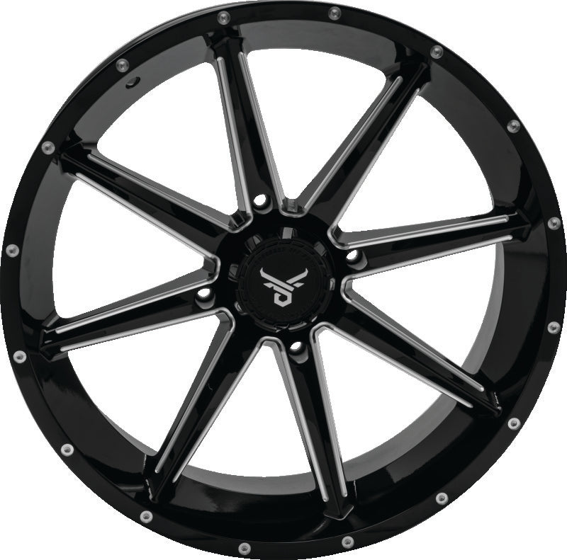 QuadBoss Slicer 20x7 PowerSports wheel with limited edition bull logo center caps, featuring rugged design and aggressive style.