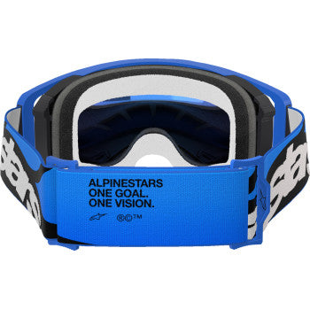 Alpinestars Supertech Goggle Stream Blue Mirror with blue frame and reflective lenses, designed for motocross riding.
