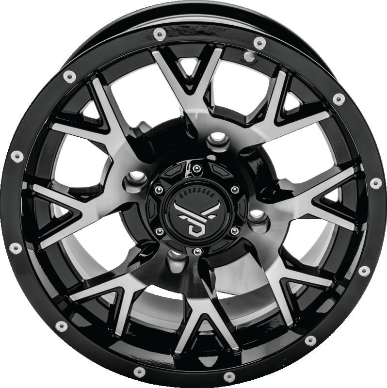 QuadBoss aluminum wheel with machined finish, 15x7 size, featuring a durable barbwire design for off-road vehicles.