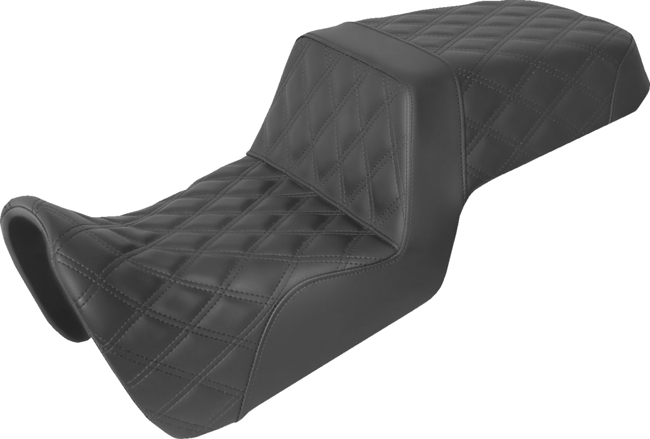 Black SADDLEMEN Step Up Seat with full lattice stitch for motorcycle, designed for comfort and style.