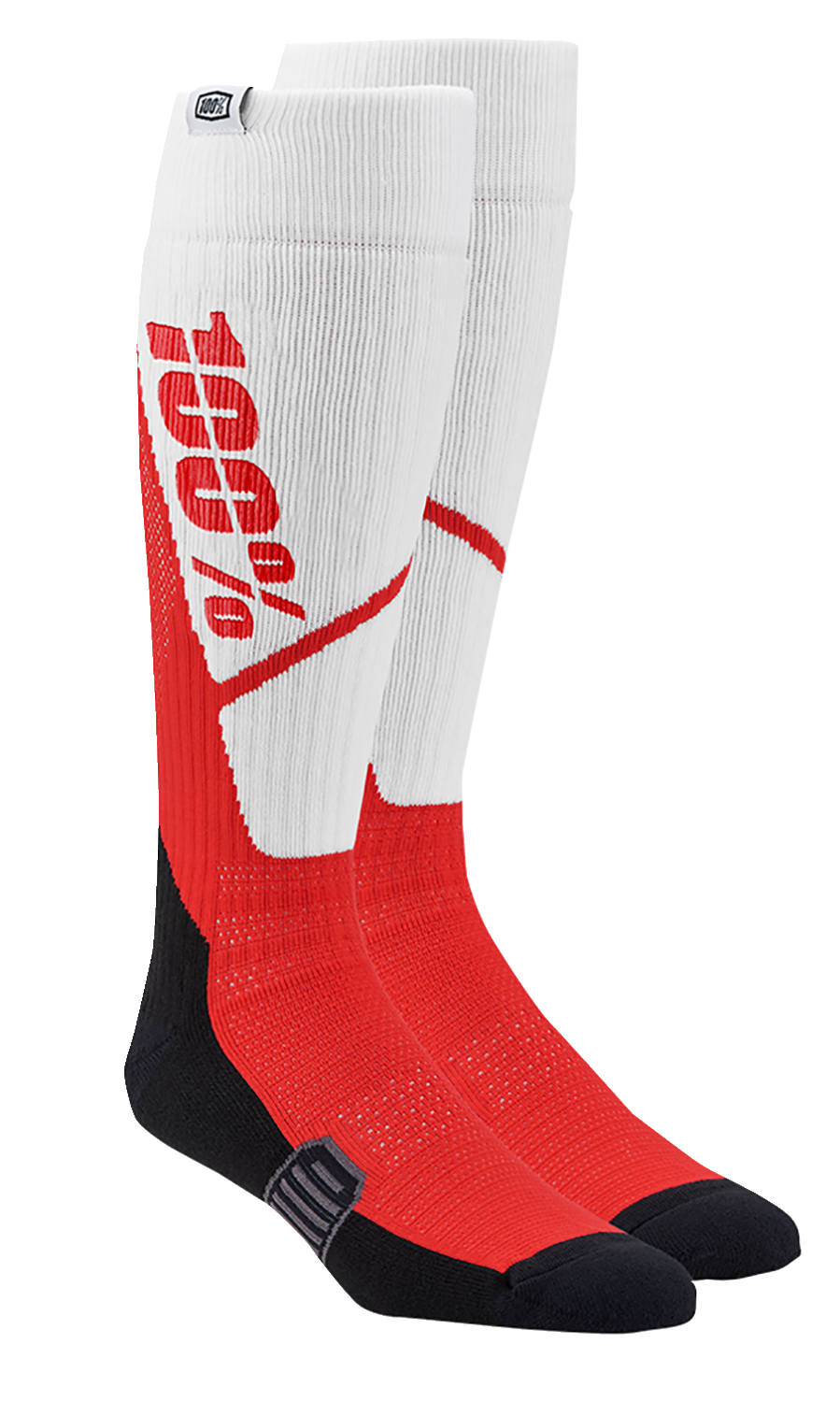 White and red 100% Torque Comfort Moto Socks by Bill's Exhausts in large/XL size, featuring reinforced heel and toe for riding comfort.