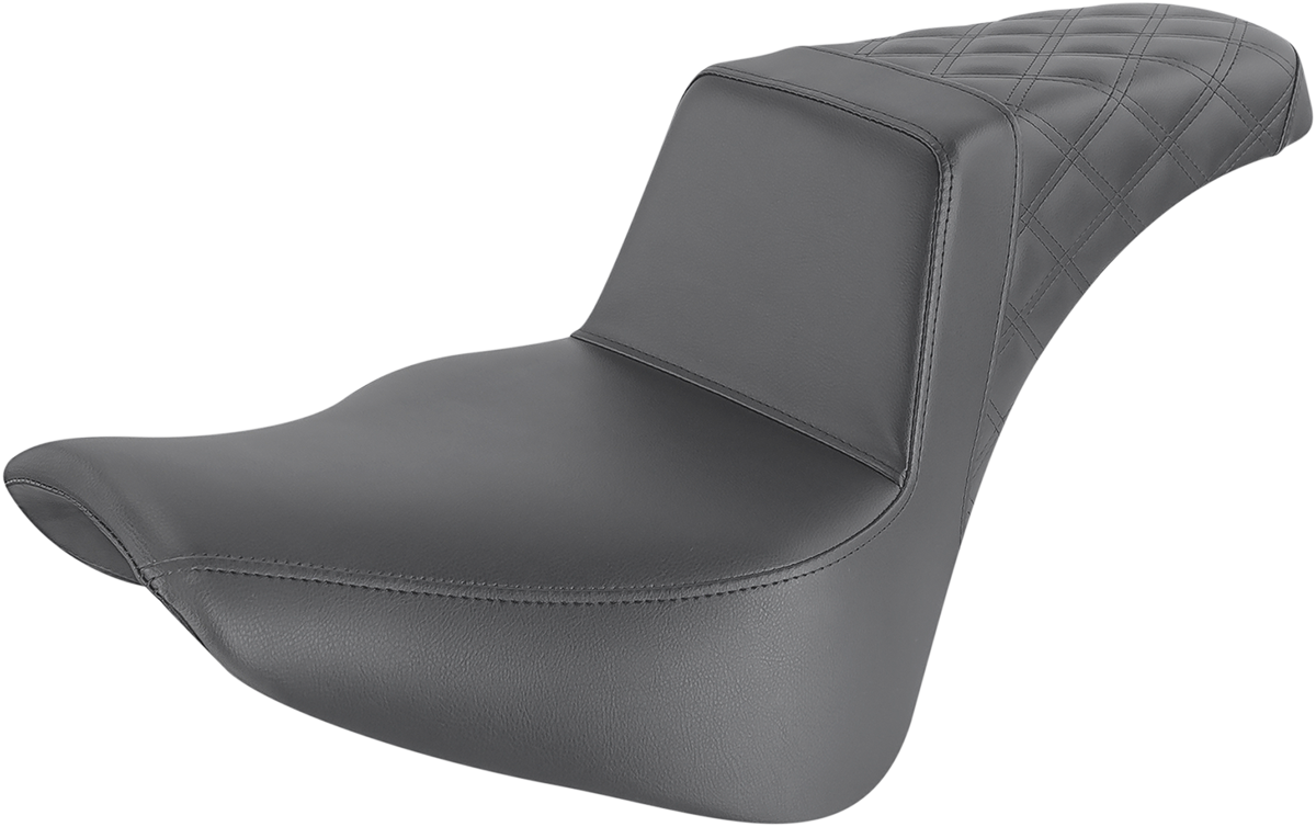 Black SADDLEMEN Step-Up Seat with rear lattice stitch for bikes, designed by Bill's Exhausts, featuring a sleek and comfortable cushion.