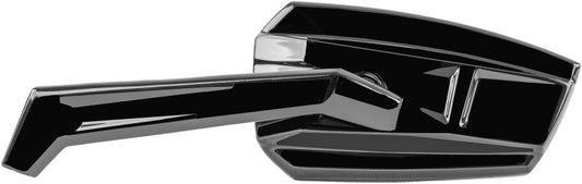 Kuryakyn Enygma gloss black motorcycle mirrors mounted on Power Sports motorcycle handlebars, showcasing sleek, aerodynamic design.