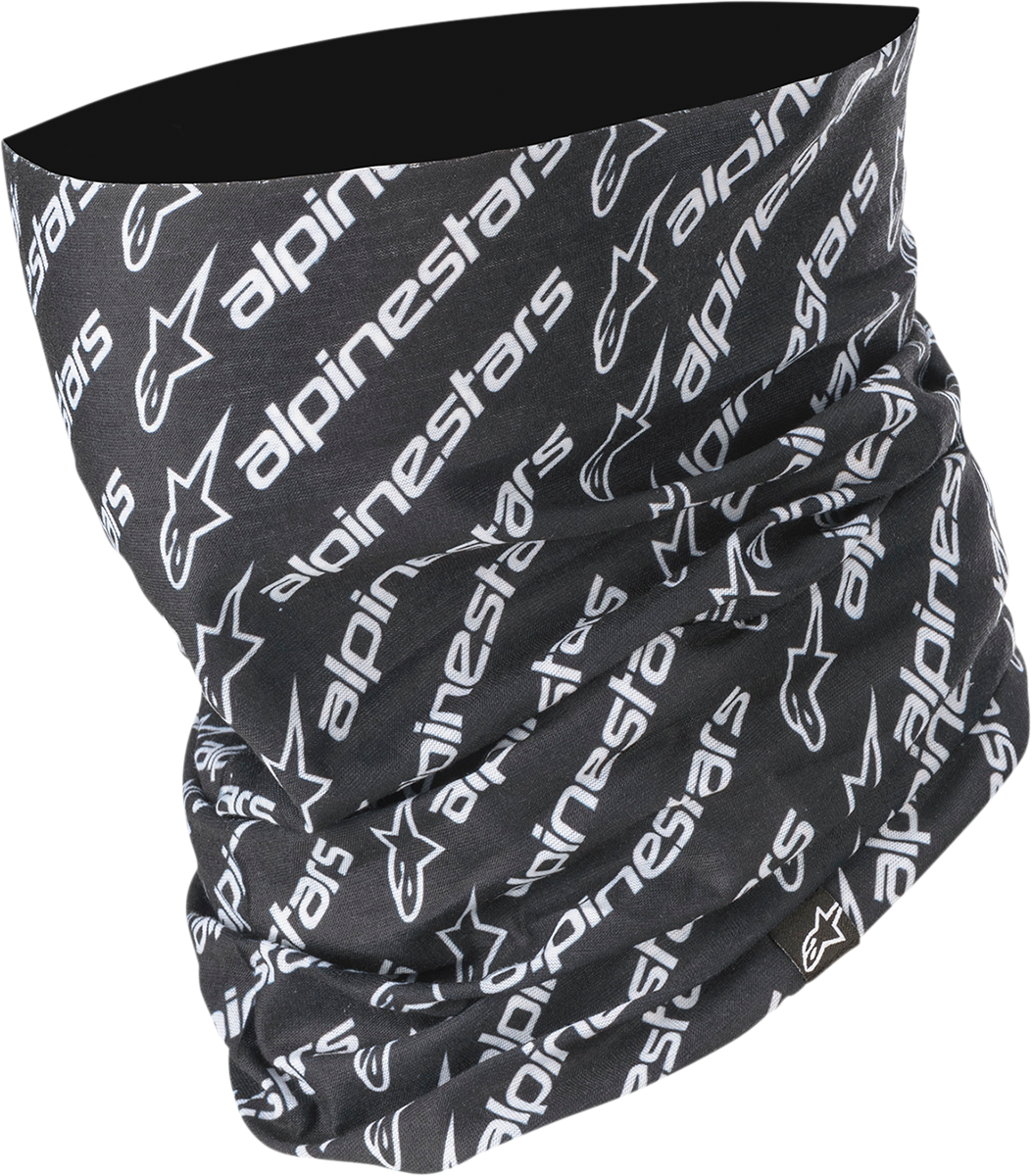 Black and white Alpinestars Neck Tube in linear design, suitable for motorcycle or outdoor activity, displayed on a plain background.