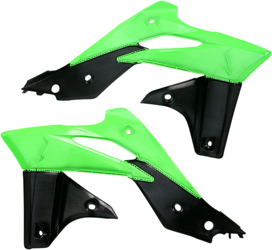 Acerbis radiator shrouds in green and black for motorcycle body protection, designed by Bill's Exhausts.