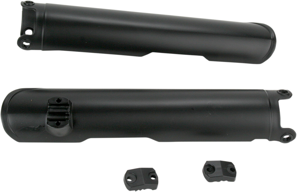 Black Acerbis lower fork covers for inverted motorcycle forks, designed for durable protection.